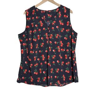 Talbots Womens Tank Blouse 2X Blue Red Floral Lightweight Feminine Brunch Office